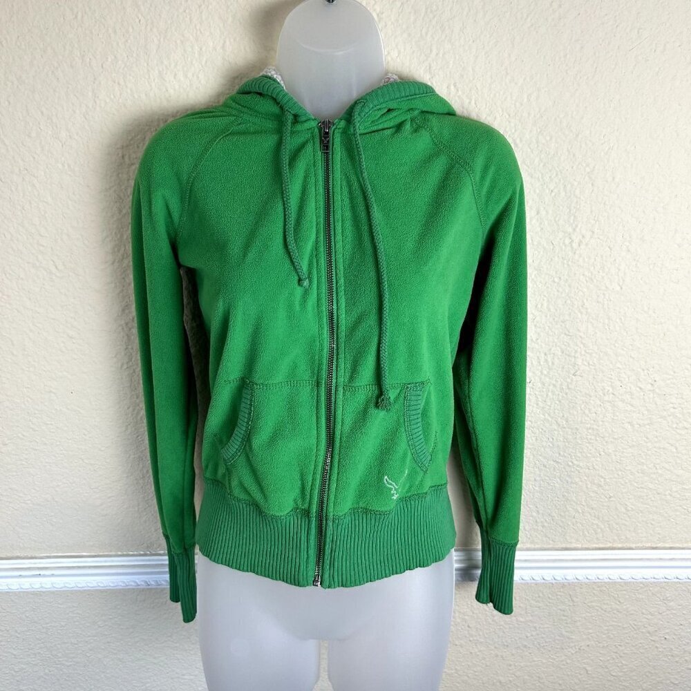 American Eagle Y2K Fleece Full Zip Jacket Green Size Small Academia